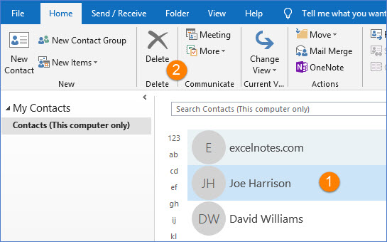 delete outlook contacts