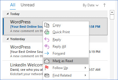 mark message as read outlook 2016