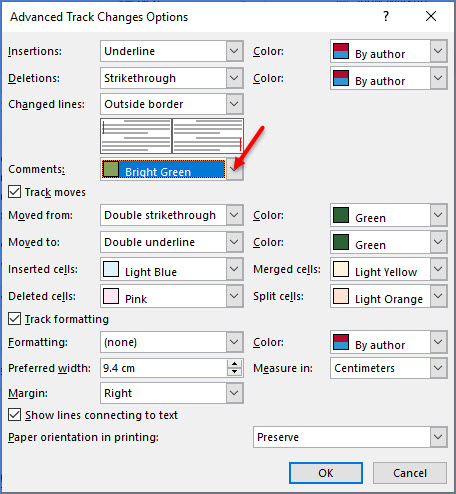 change comment color in word