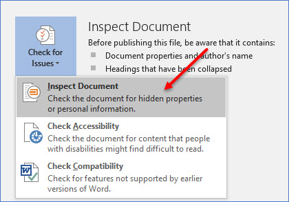 Inspect document in word 2016