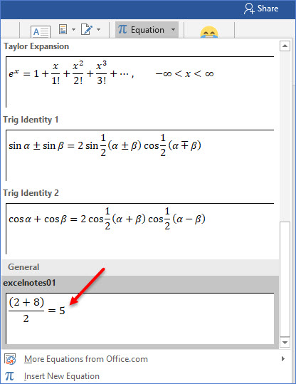 insert equation in word