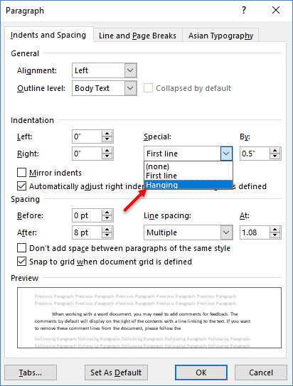 how to first line indent in word