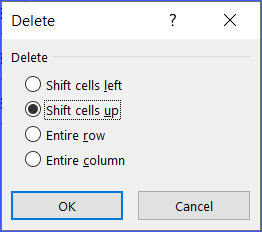 microsoft excel shift cells up