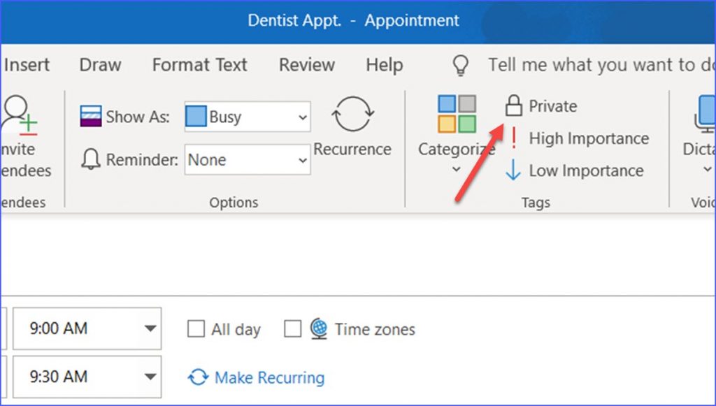 How to Make Appointment as Private in Outlook ExcelNotes