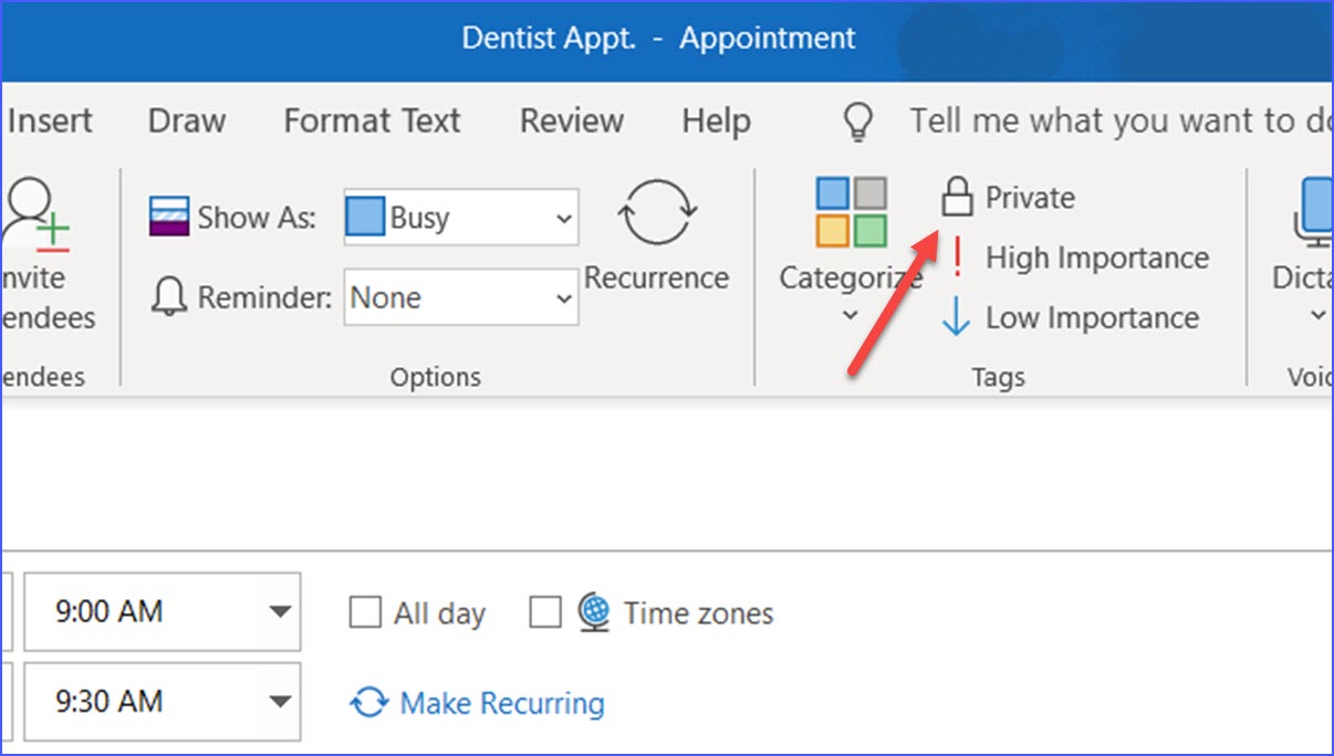How to Make Appointment as Private in Outlook ExcelNotes