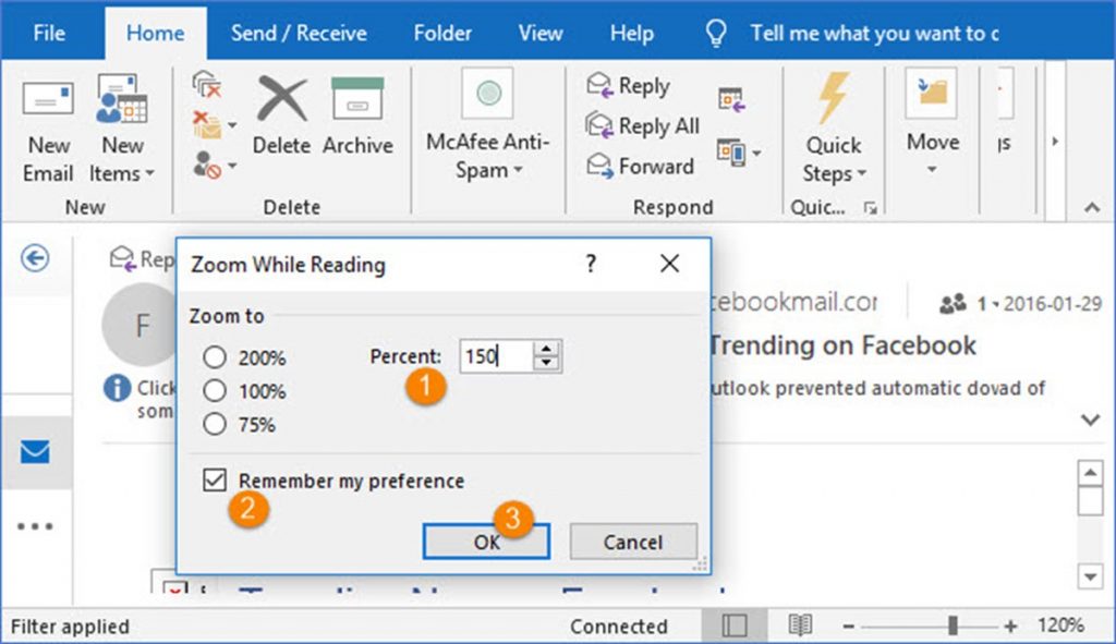 permanently enlarge an email in the reading pane outlook 2013