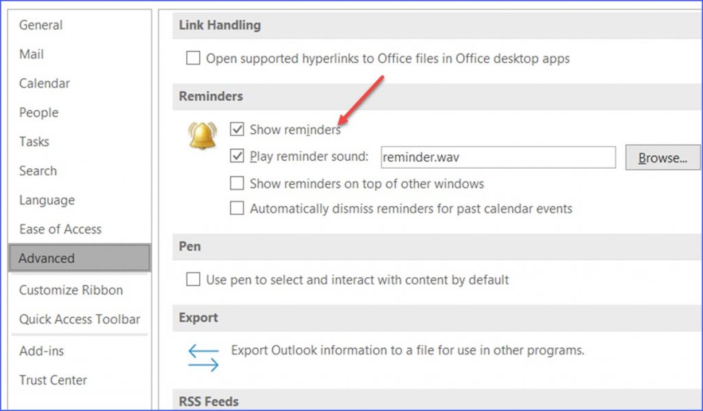 outlook 2016 reminders disable