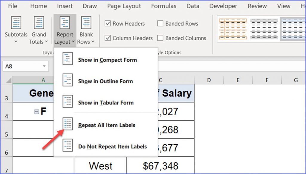 excel for mac pivot table repeat item labels