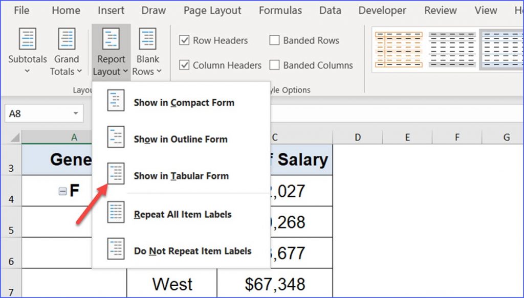 pivot table tabular form