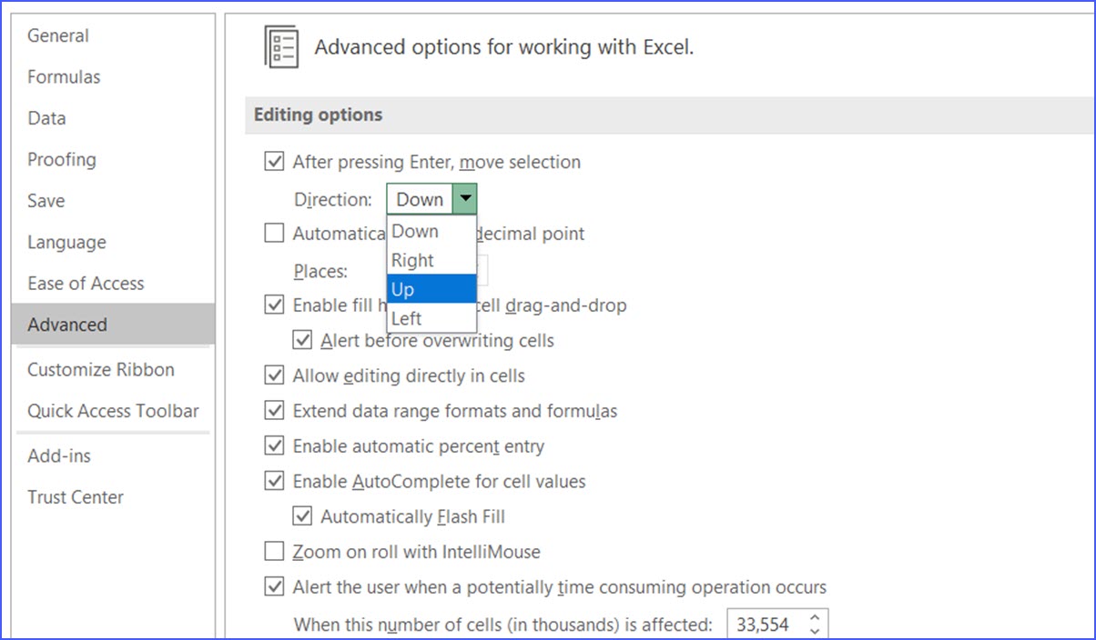 how-to-setup-moving-cursor-to-the-cell-up-when-pressing-enter-excelnotes