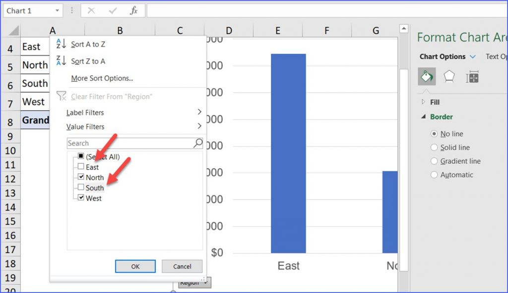 filtering buttons in excel pivot chart elements
