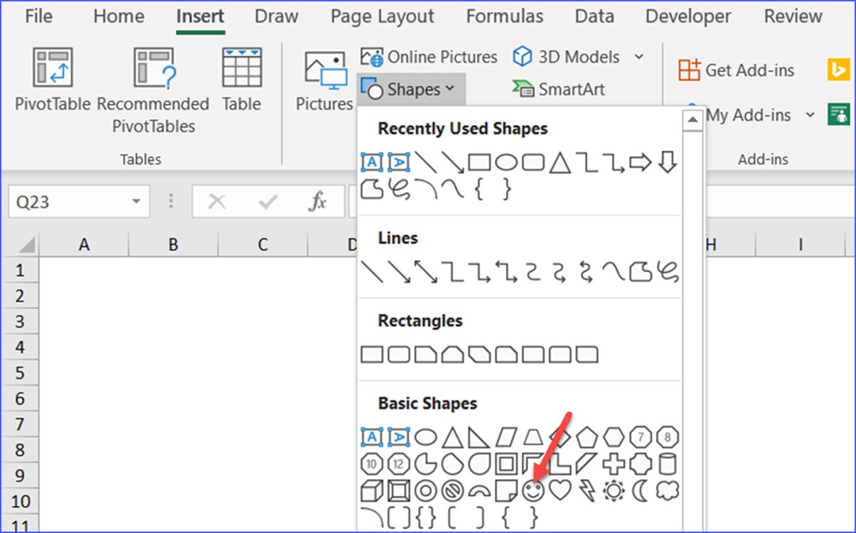 how to add shapes in excel data table