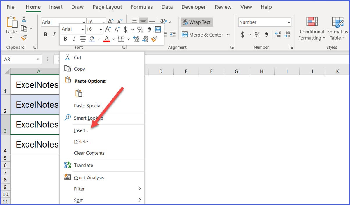 How to Insert a Row with Formatting Same as Below - ExcelNotes