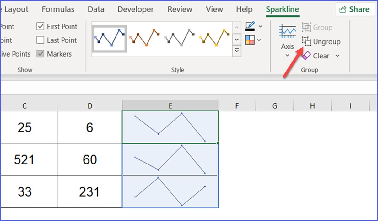 How to ungroup line sparklines excelnotes