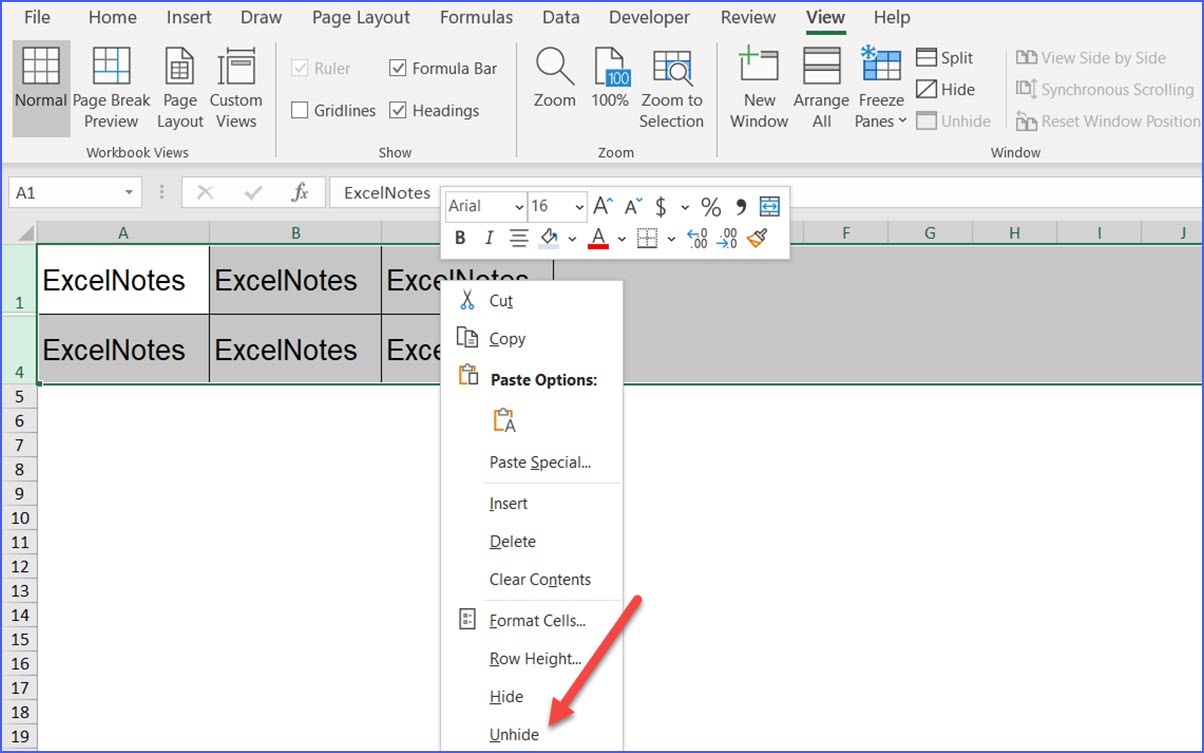 How to unhide rows in excel