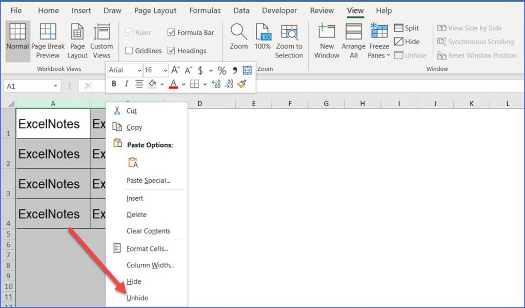 unhide first column in excel 2010