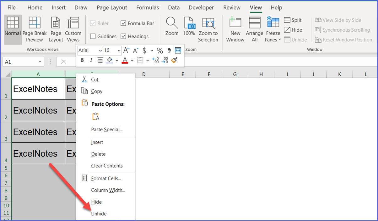 unhide first column in excel