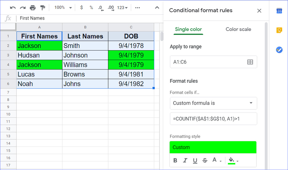 google sheets highlight duplicates in sheet