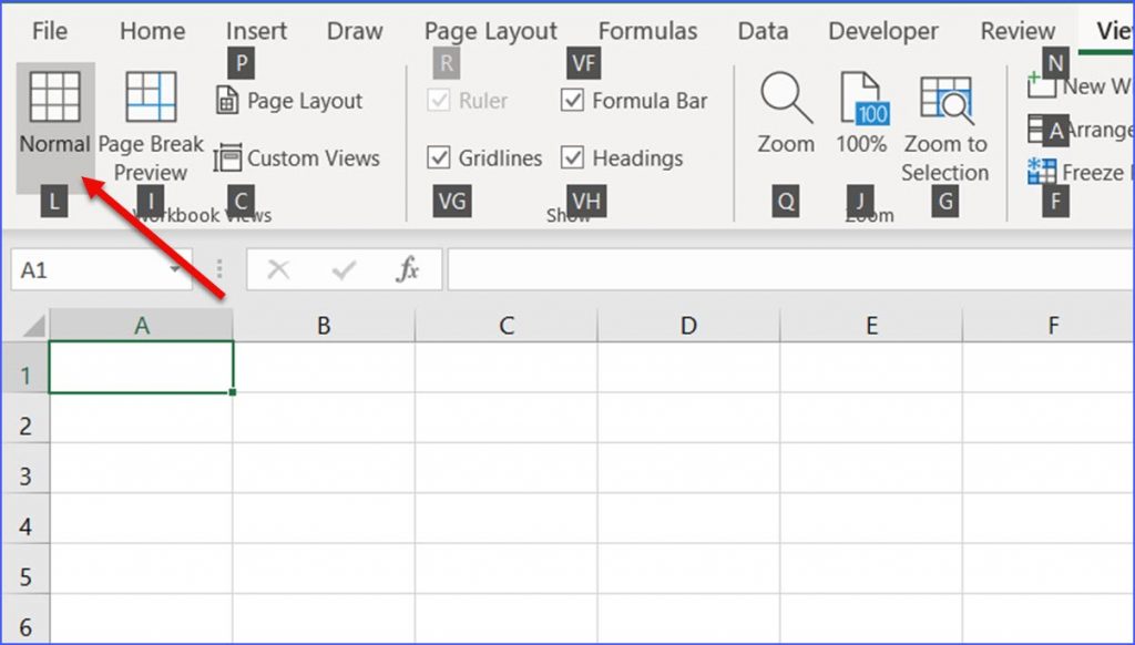 Alt, W, L Switch to Normal View ExcelNotes