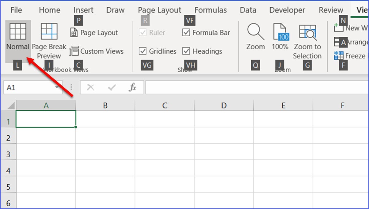 Alt, W, L: Switch to Normal View - ExcelNotes