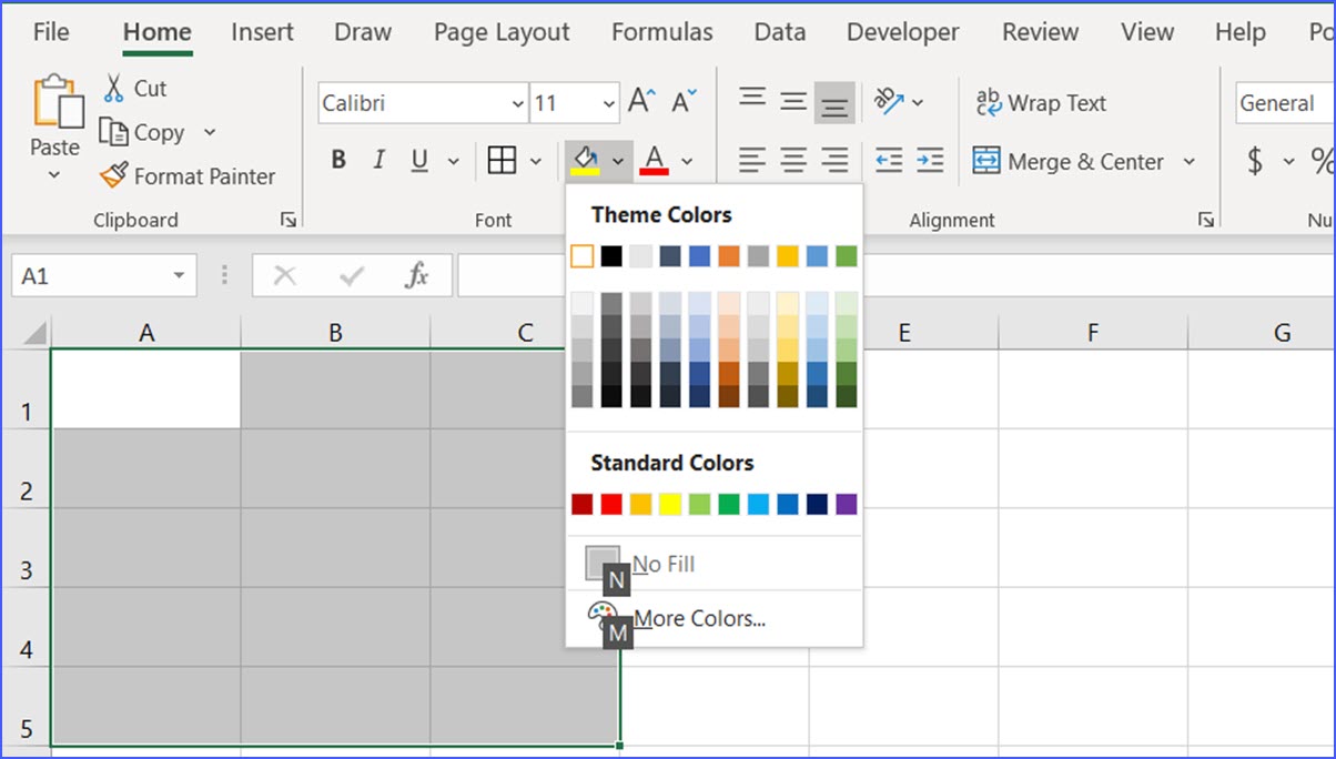 Alt+H, H: Select a Color to Fill Cells - ExcelNotes