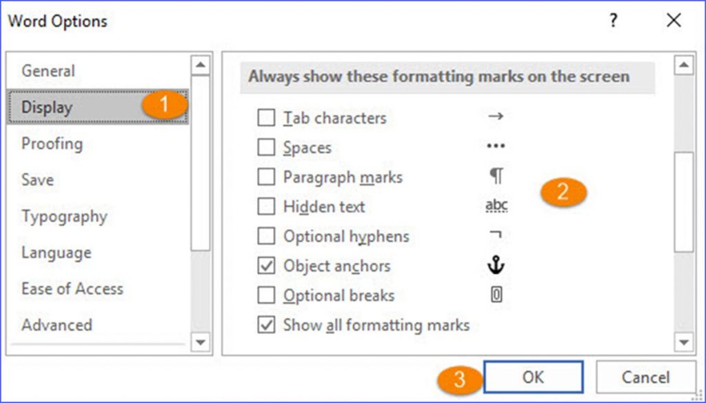 ms word formatting marks list