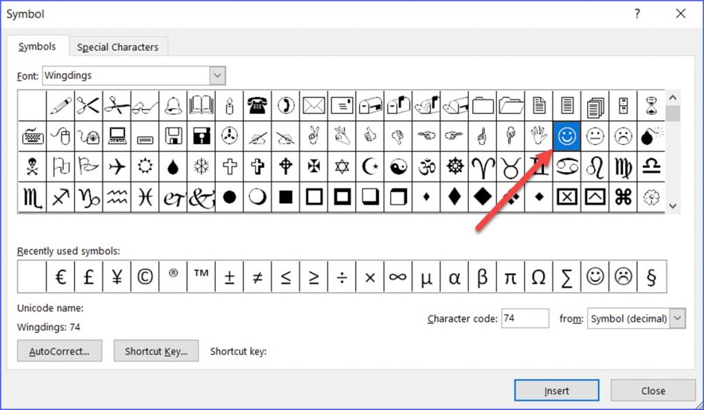 tongue face symbols in word 2010