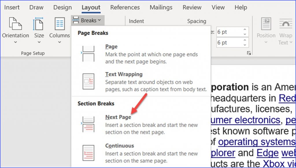 how to change layout of one page in word 2016