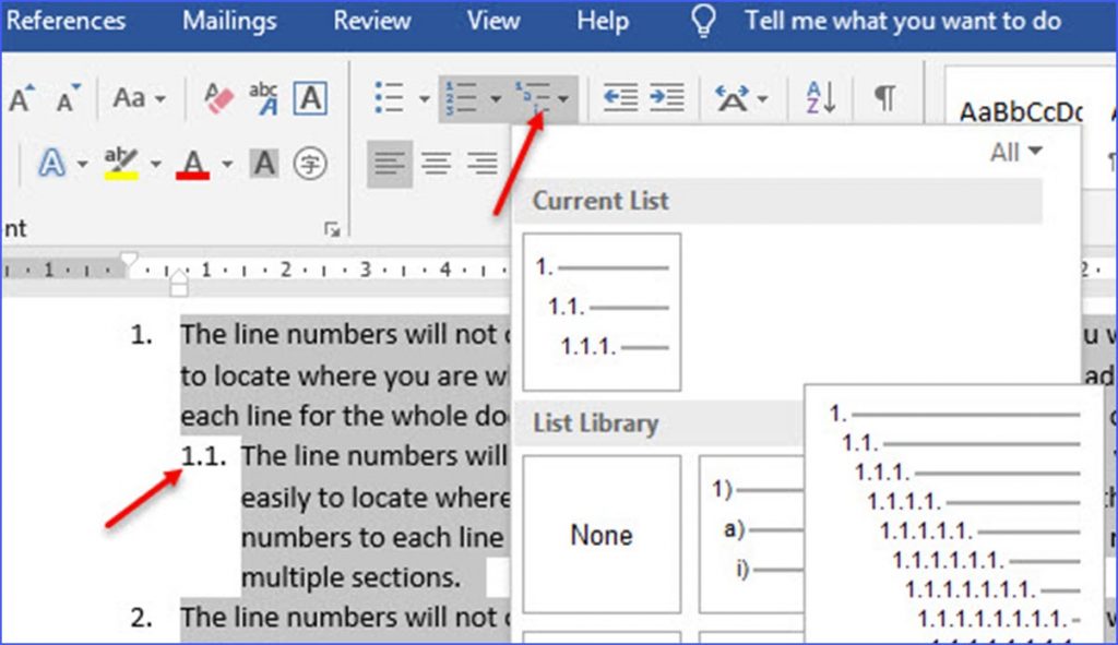 word change indent size after number