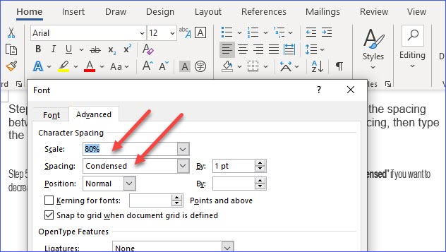 change letter spacing in word