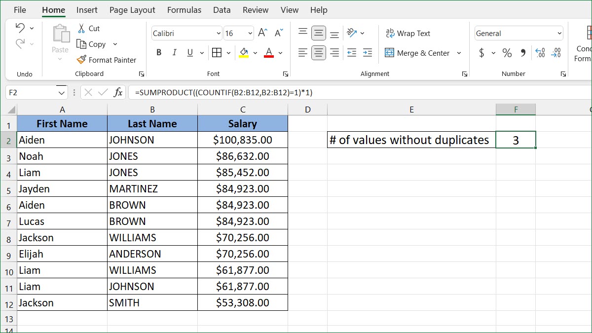 Excel List Names Without Duplicates