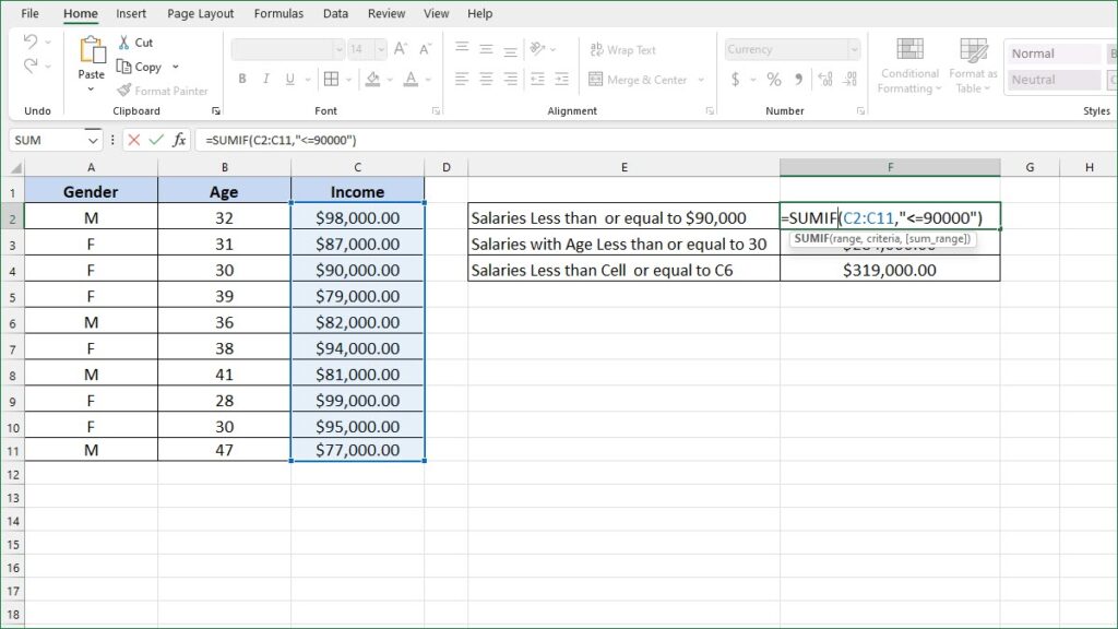 How To Sum Numbers Less Than Or Equal To Excelnotes 7059