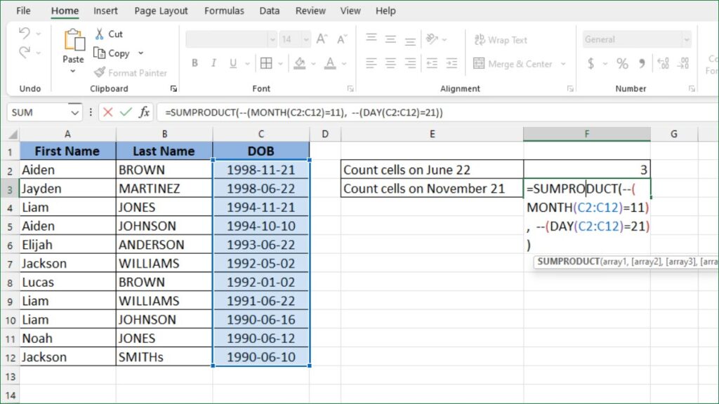 How to Count Cells on A Day of A Month - ExcelNotes