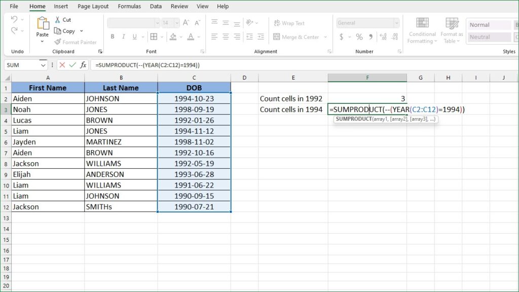 How to Count Cells in A Year - ExcelNotes