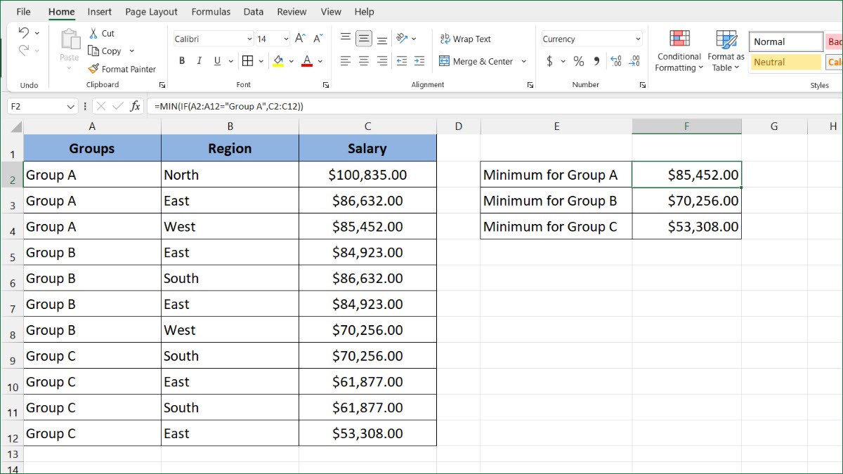 How to Count Minimum Value for Groups - ExcelNotes