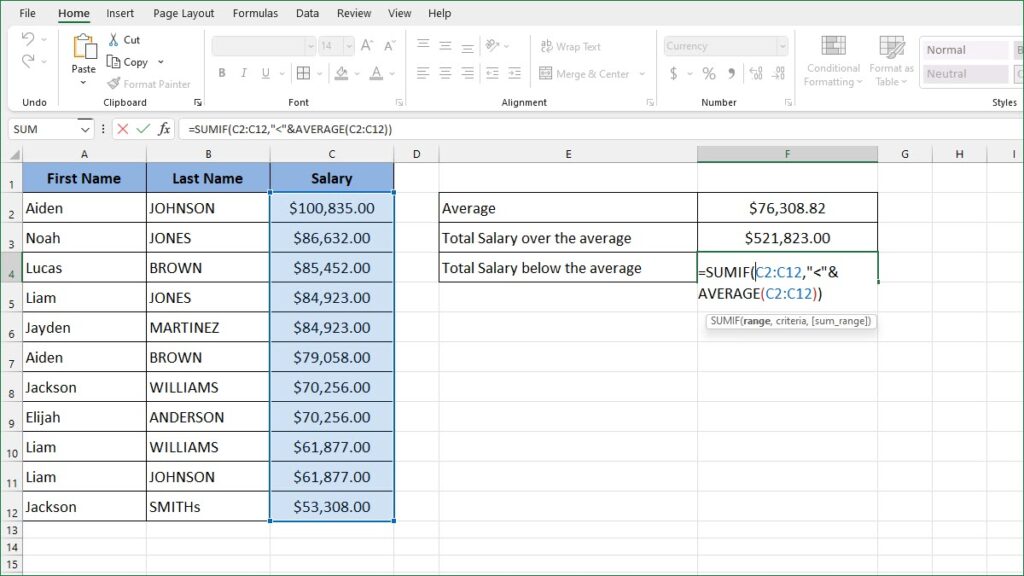 How to SUM Numbers Greater than Average - ExcelNotes